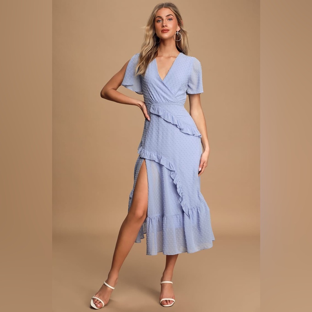 LULUS Next to You Periwinkle Blue Swiss Dot Ruffled Midi Dress
